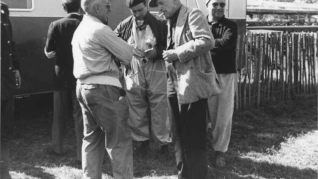 The size racing drivers used to be - GiovannBattista Guidotti of Alfa Romeo (left) with Fangio (beret), Earl Howe of the RAC and BRDC, and Luigi Fagioli (sunglasses, right) - 1951 British Grand Prix. 