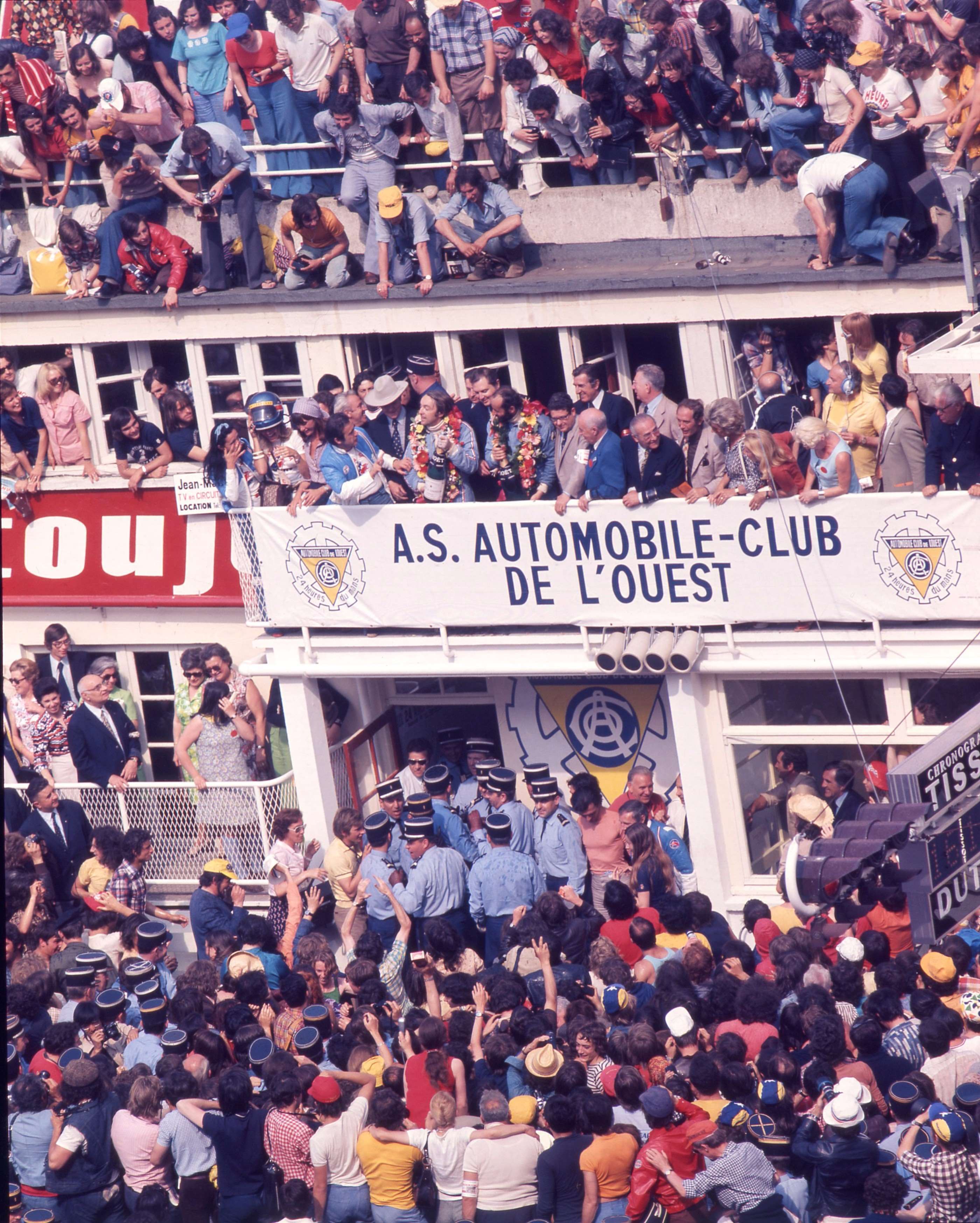 Pescarolo and Larrousse on the podium, Le Mans, 1973.