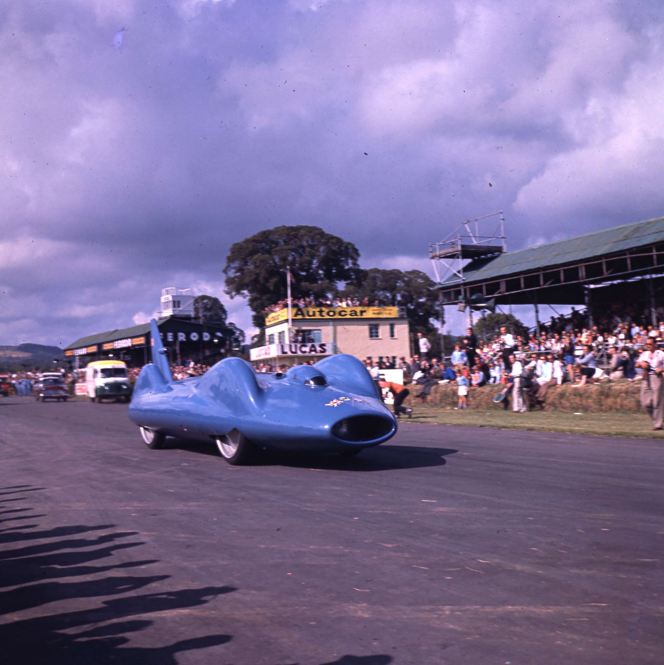 Donald Campbell’s ‘Bluebird’-Proteus CN7 being demonstrated by him at Goodwood… He eventually took the wheel-driven LSR to 403.10mph on Lake Eyre, South Australia, in 1964.