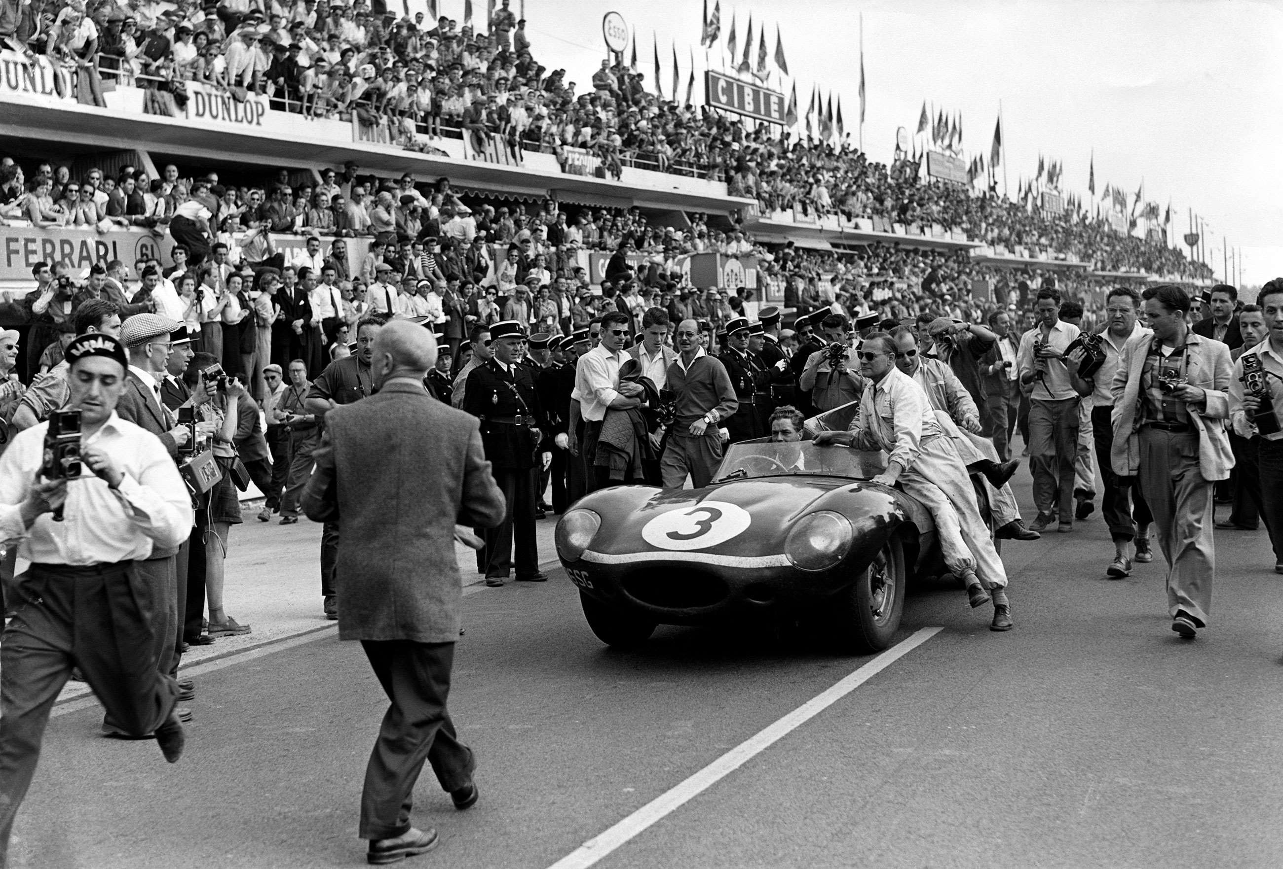 The winning Jaguar D-Type of Ivor Bueb and Ron Flockhart, Le Mans 1957.