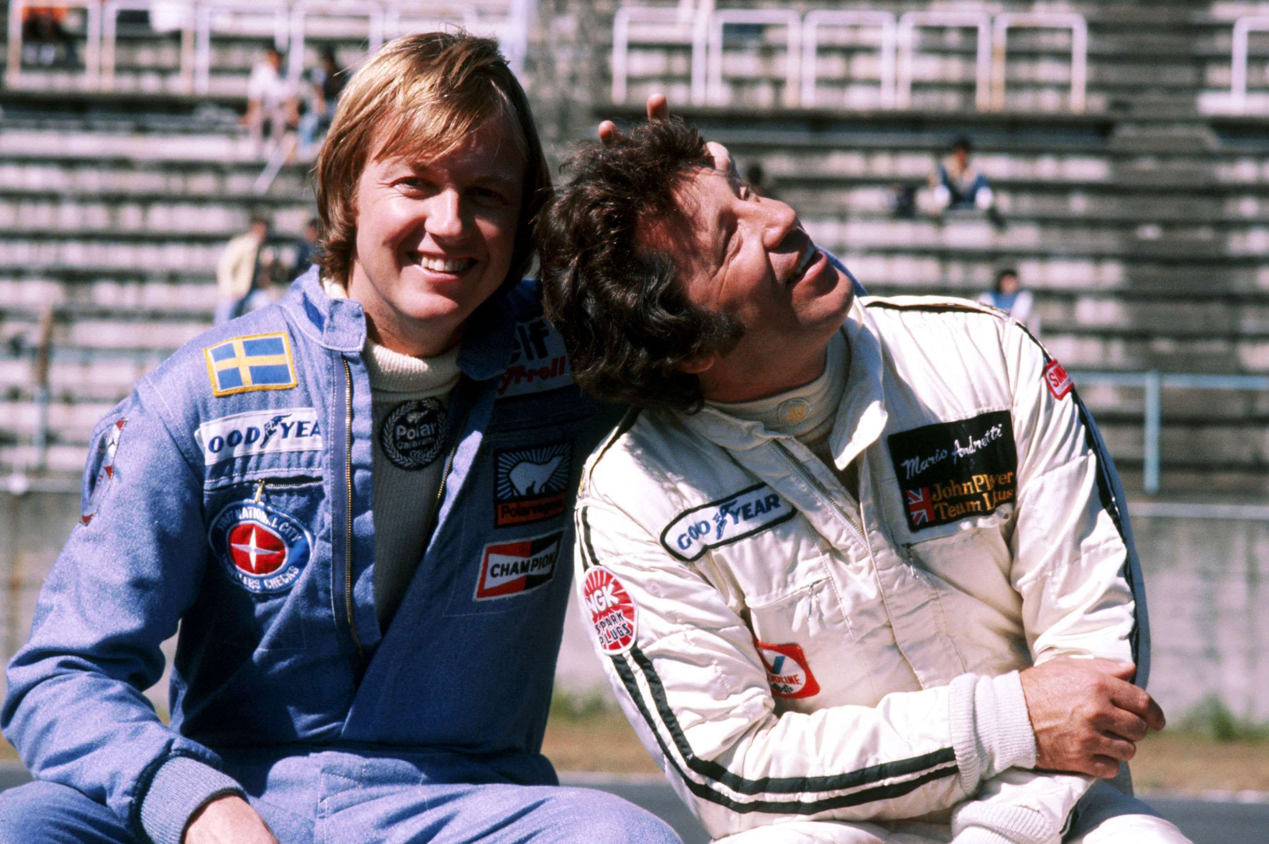 Peterson with Andretti at the Japanese Grand Prix at Fuji, 1977. Peterson was driving for Tyrell at the time. 