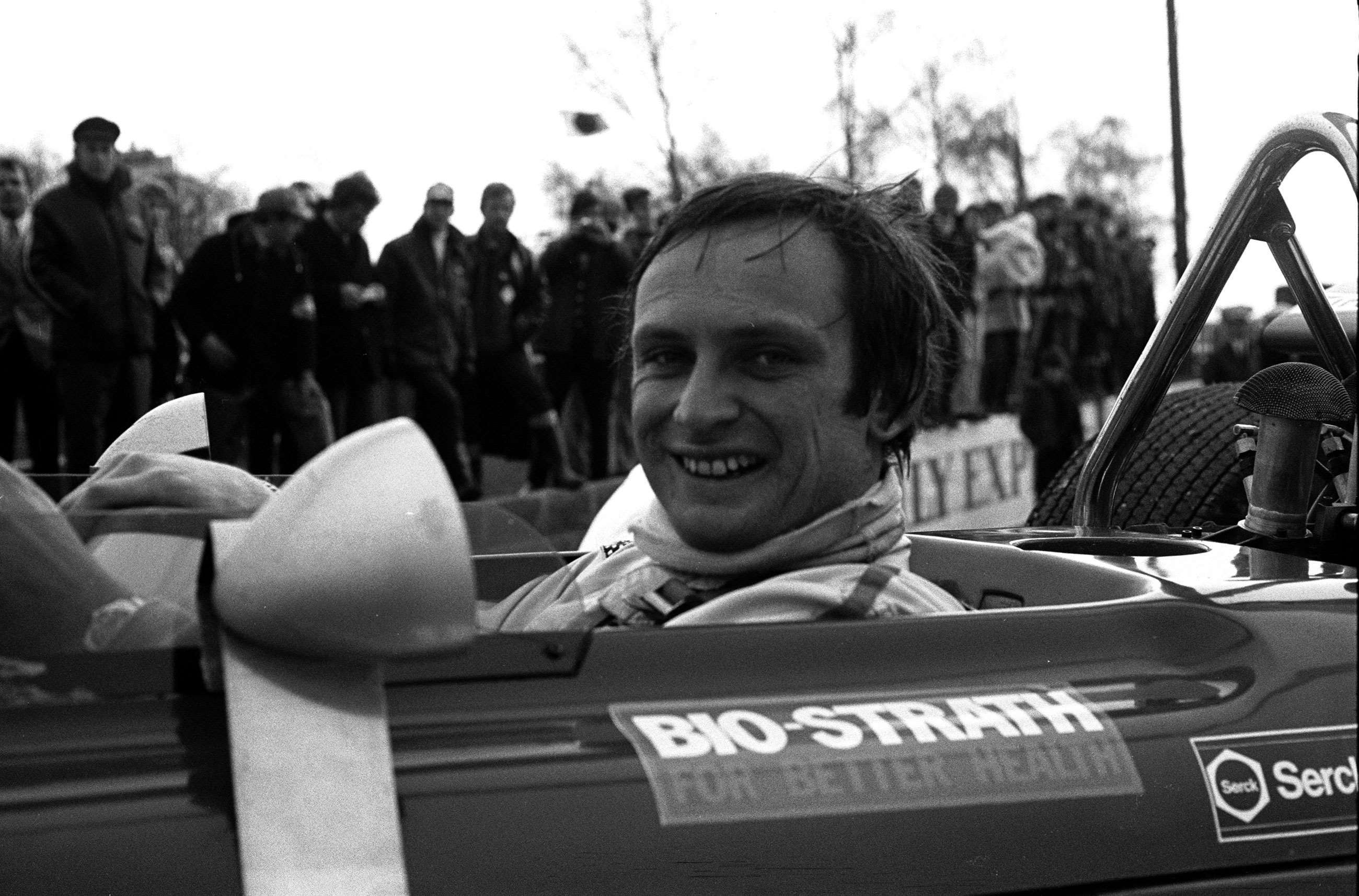 Chris Amon having won a race at the 1970 Race of Champions, Silverstone, in his March Cosworth 701.