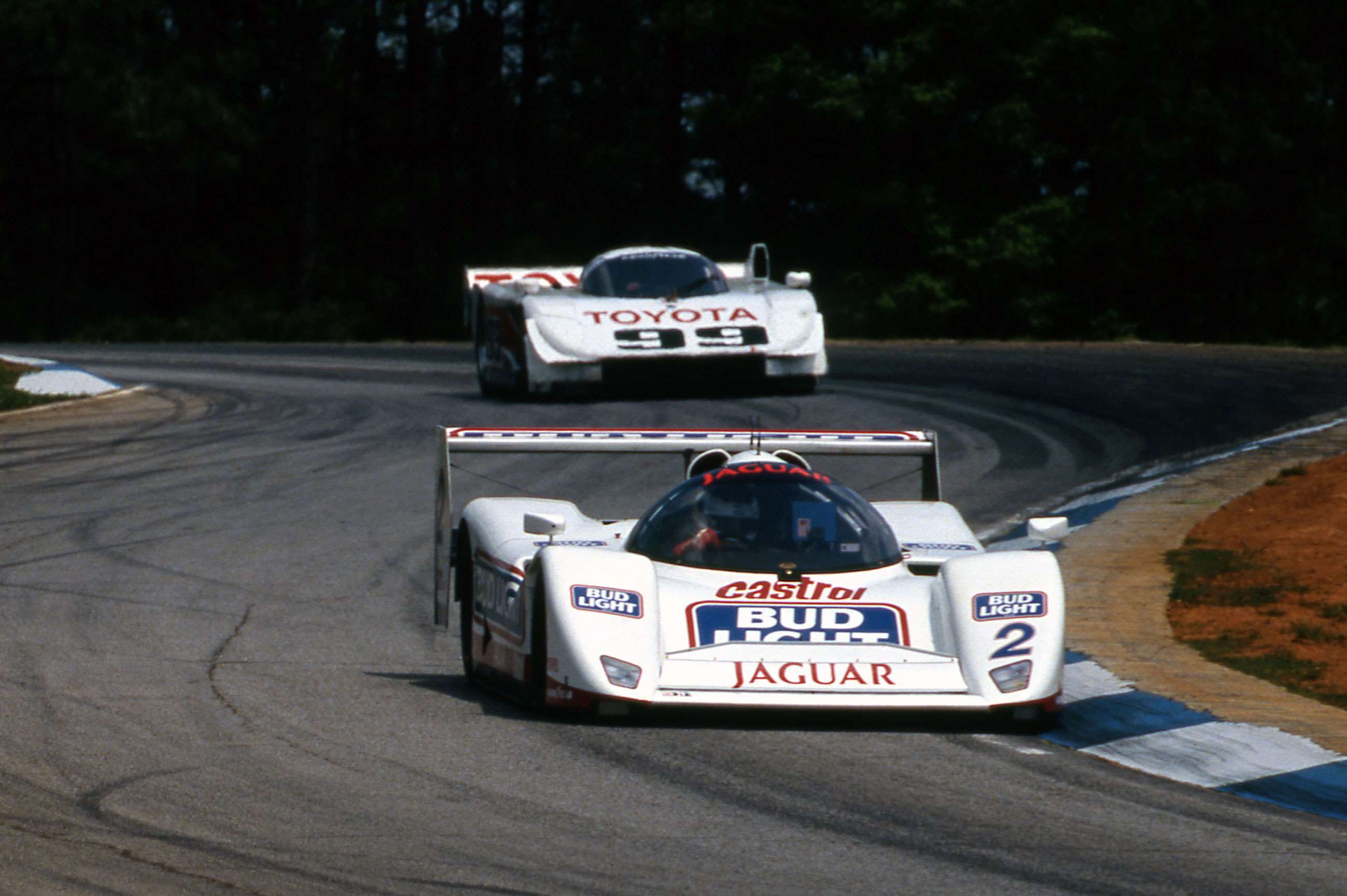 The Jaguar XJR-14 of Davy Jones, Road Atlanta, 1992. Juan Manuel Fangio II follows behind in a Toyota Eagle MkIII.