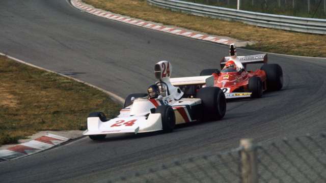 James Hunt in the Hesketh 308B being chased by Niki Lauda in the Ferrari 312T.