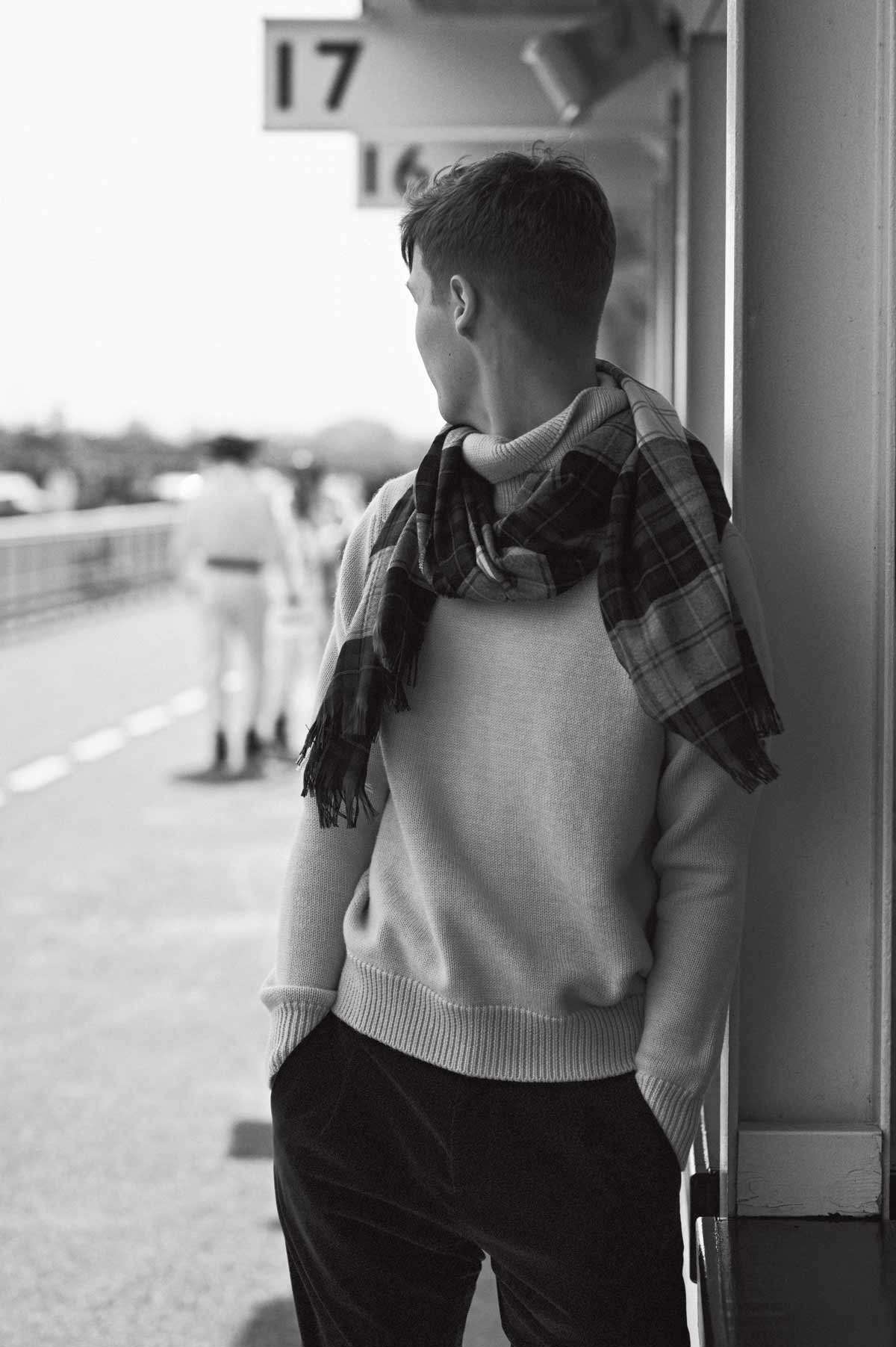 Will wears grey Submariner Rollneck and Needlecord trousers, as before, and  cashmere Gordon scarf, £395